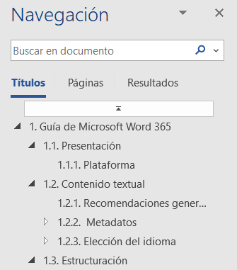 Navegación; Títulos; 1. Guía de Microsoft Word 365; 1.1 Presentación; 1.1.1 Plataforma...
